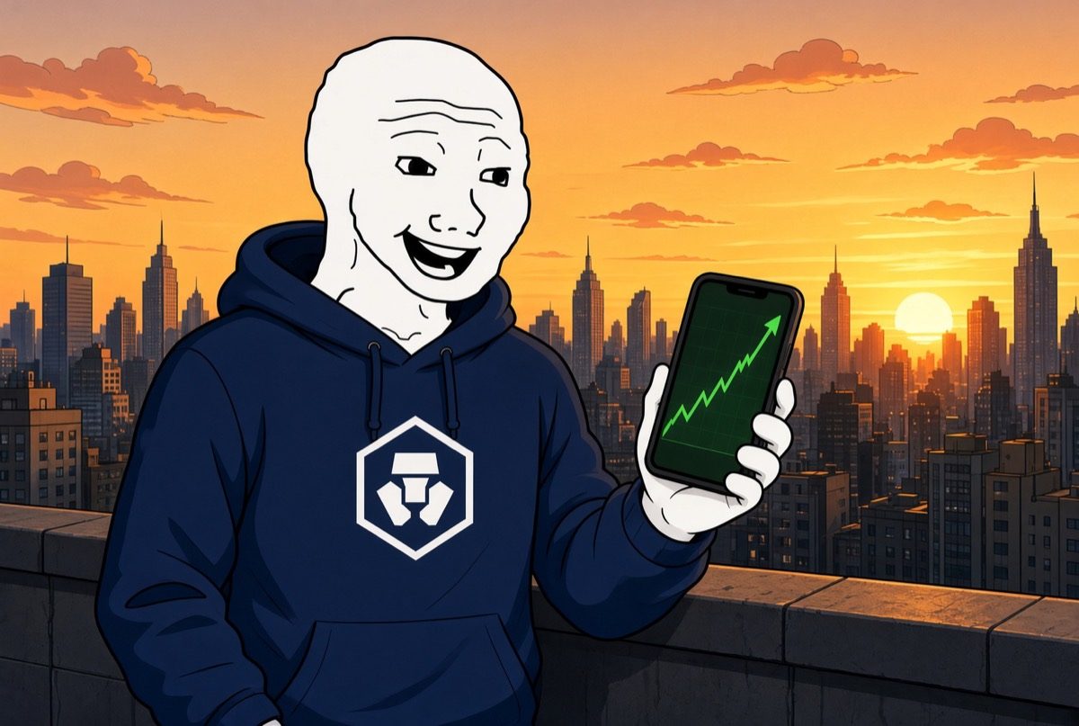 CROJAK holding a phone with a green chart at sunset