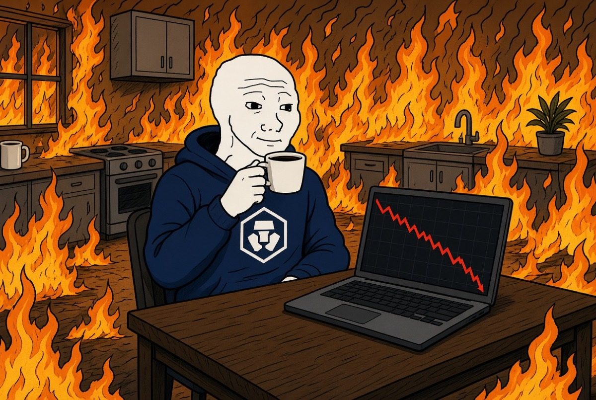 CROJAK drinking coffee in a burning kitchen with a red chart